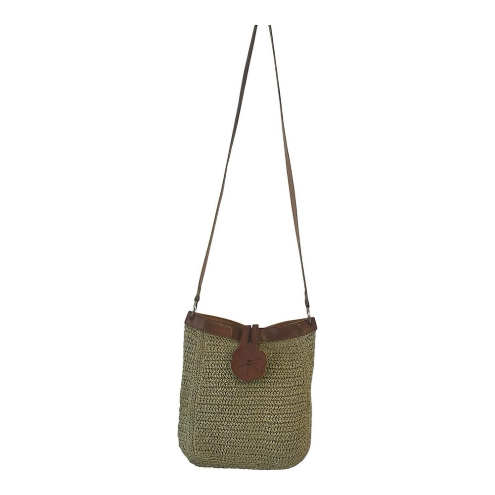 Fossil Olive Green Woven Crossbody Shoulder Bag Brown Leather Floral Accent